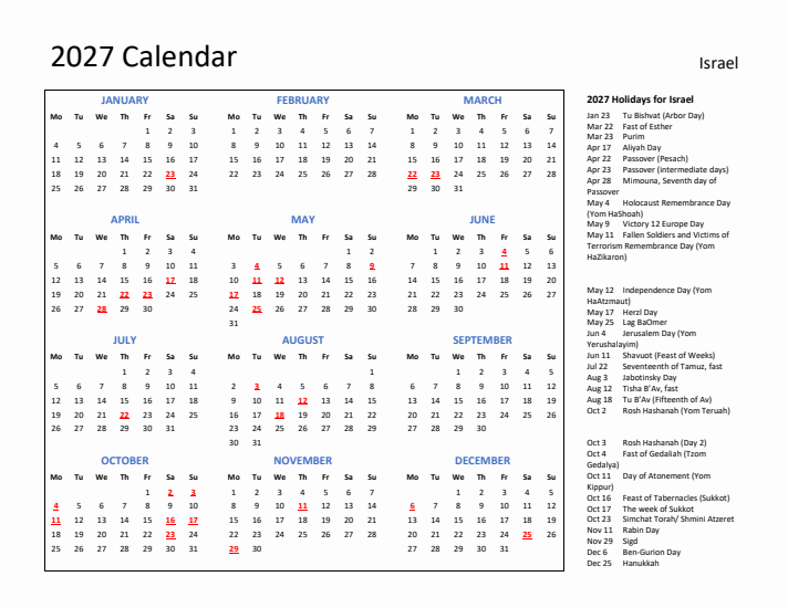 2027 Calendar with Holidays for Israel