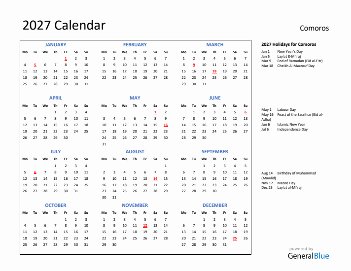 2027 Calendar with Holidays for Comoros