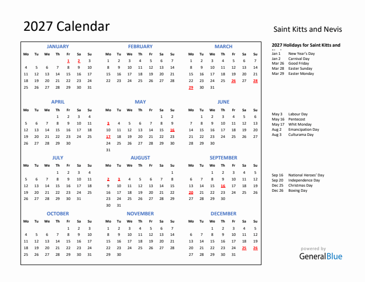 2027 Calendar with Holidays for Saint Kitts and Nevis