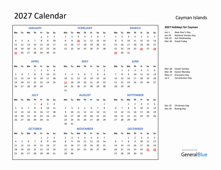 2027 Calendar with Holidays for Cayman Islands