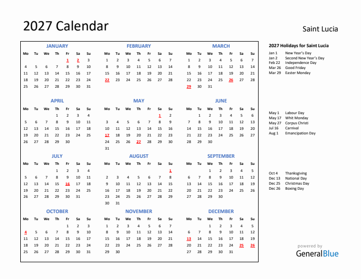 2027 Calendar with Holidays for Saint Lucia