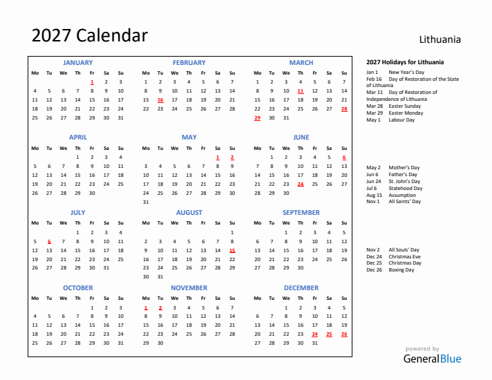2027 Calendar with Holidays for Lithuania