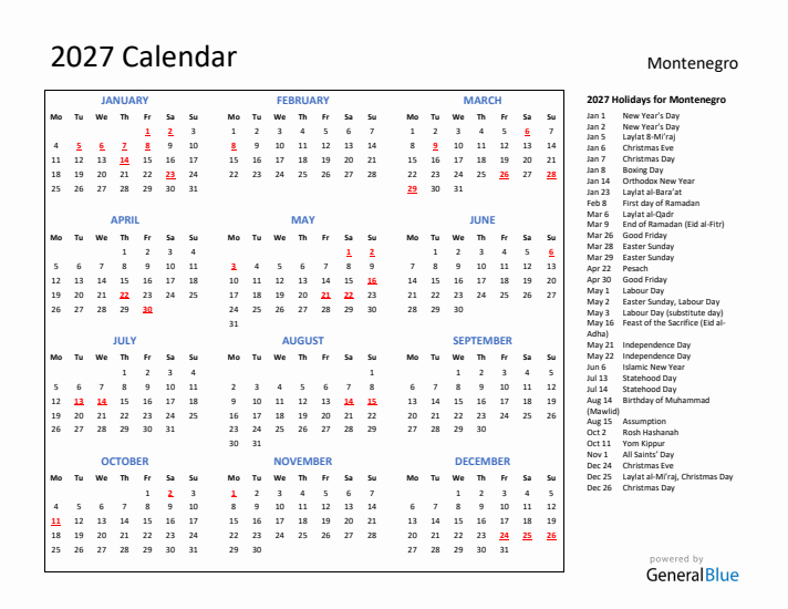 2027 Calendar with Holidays for Montenegro