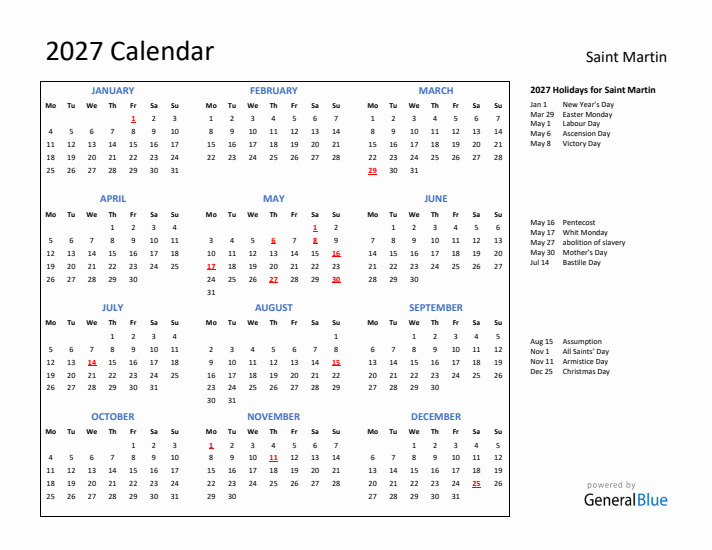 2027 Calendar with Holidays for Saint Martin