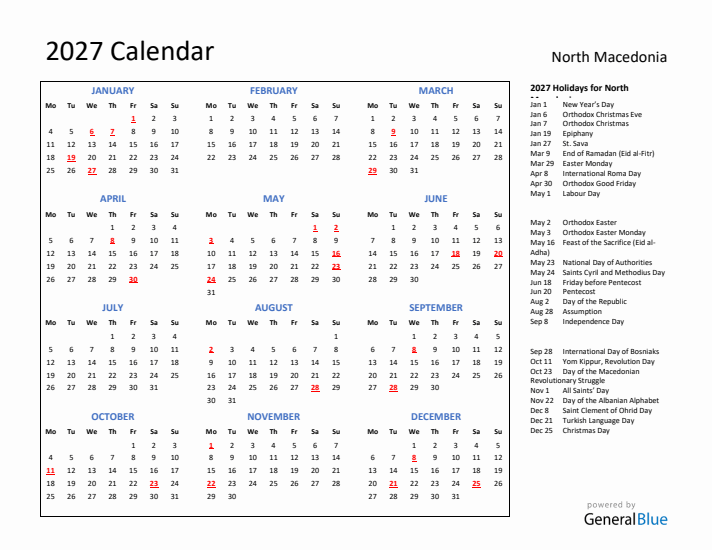 2027 Calendar with Holidays for North Macedonia