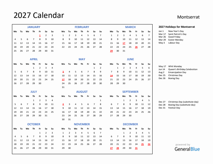 2027 Calendar with Holidays for Montserrat