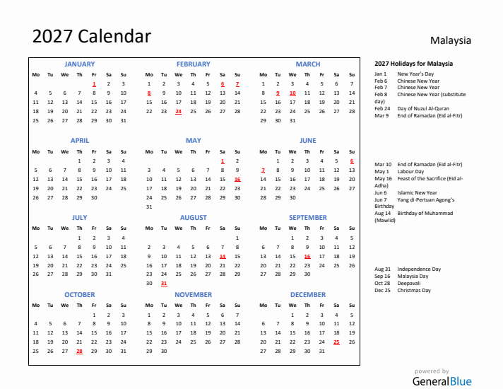 2027 Calendar with Holidays for Malaysia