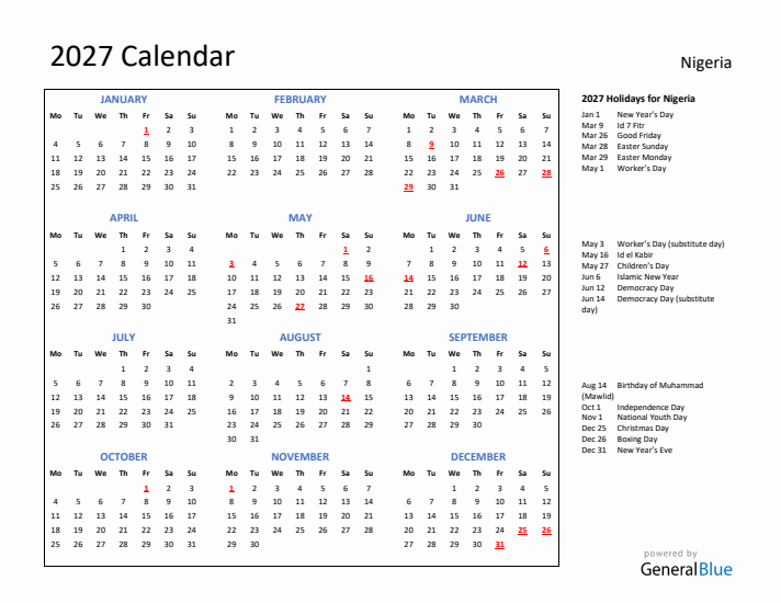 2027 Calendar with Holidays for Nigeria