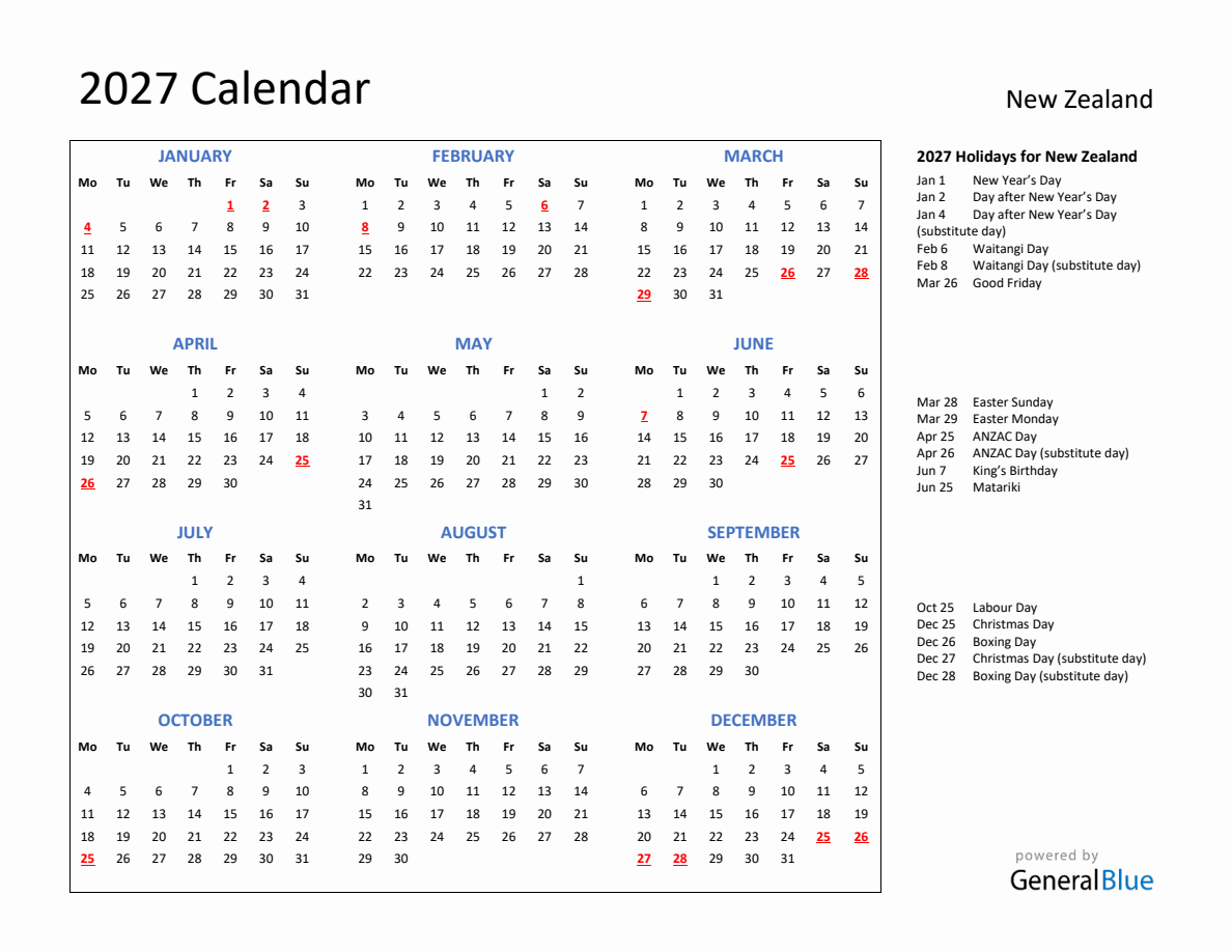 2027 Calendar with Holidays for New Zealand - Monday Start