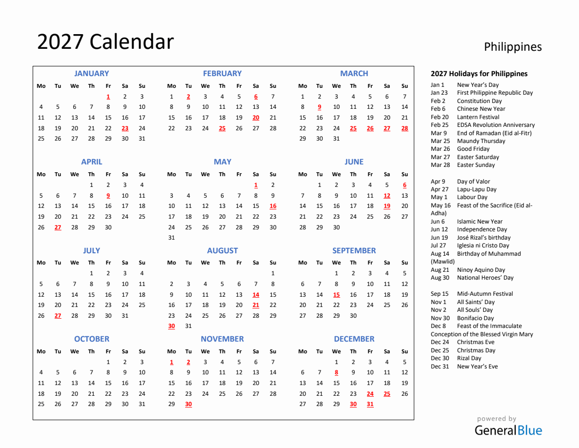 2027 Calendar with Holidays for Philippines - Monday Start