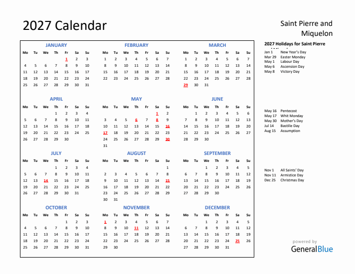 2027 Calendar with Holidays for Saint Pierre and Miquelon
