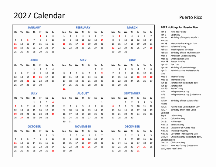 2027 Calendar with Holidays for Puerto Rico