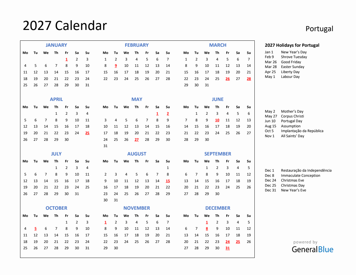 2027 Calendar With Holidays For Portugal Monday Start 2027-calendar-with-holidays-for-portugal-monday-start
