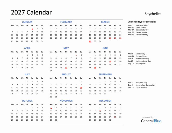 2027 Calendar with Holidays for Seychelles