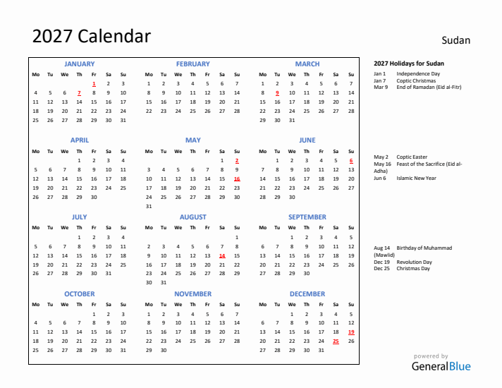 2027 Calendar with Holidays for Sudan