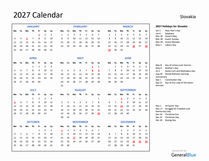 2027 Calendar with Holidays for Slovakia