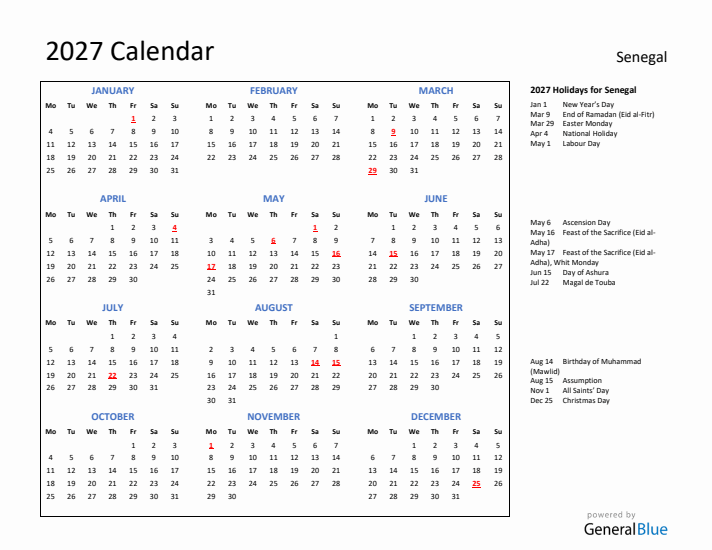 2027 Calendar with Holidays for Senegal