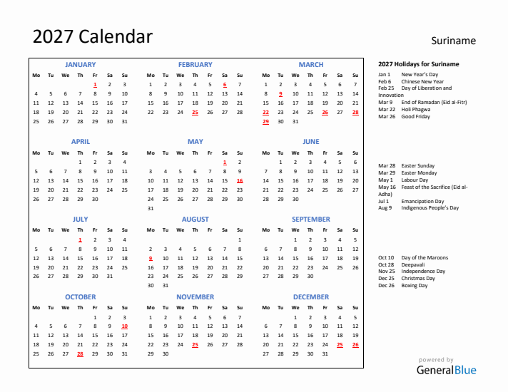 2027 Calendar with Holidays for Suriname