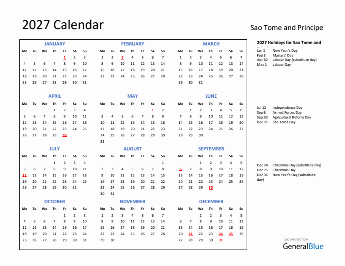 2027 Calendar with Holidays for Sao Tome and Principe