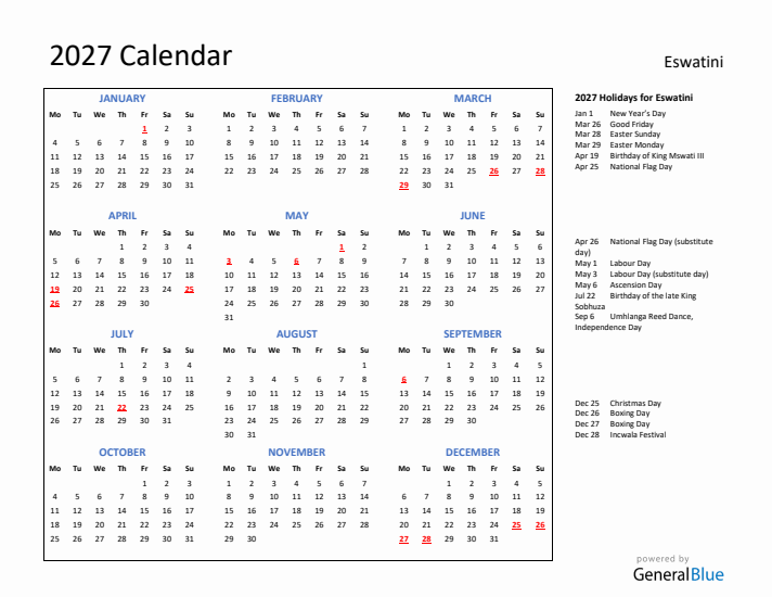 2027 Calendar with Holidays for Eswatini