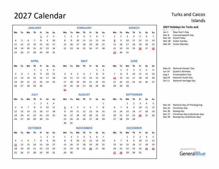 2027 Calendar with Holidays for Turks and Caicos Islands