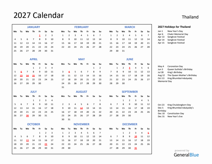 2027 Calendar with Holidays for Thailand