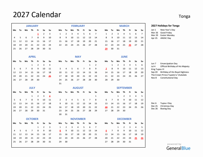 2027 Calendar with Holidays for Tonga