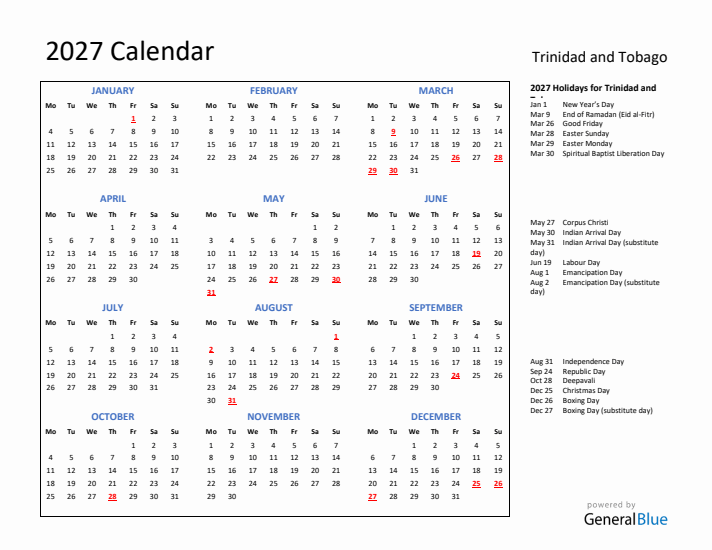 2027 Calendar with Holidays for Trinidad and Tobago