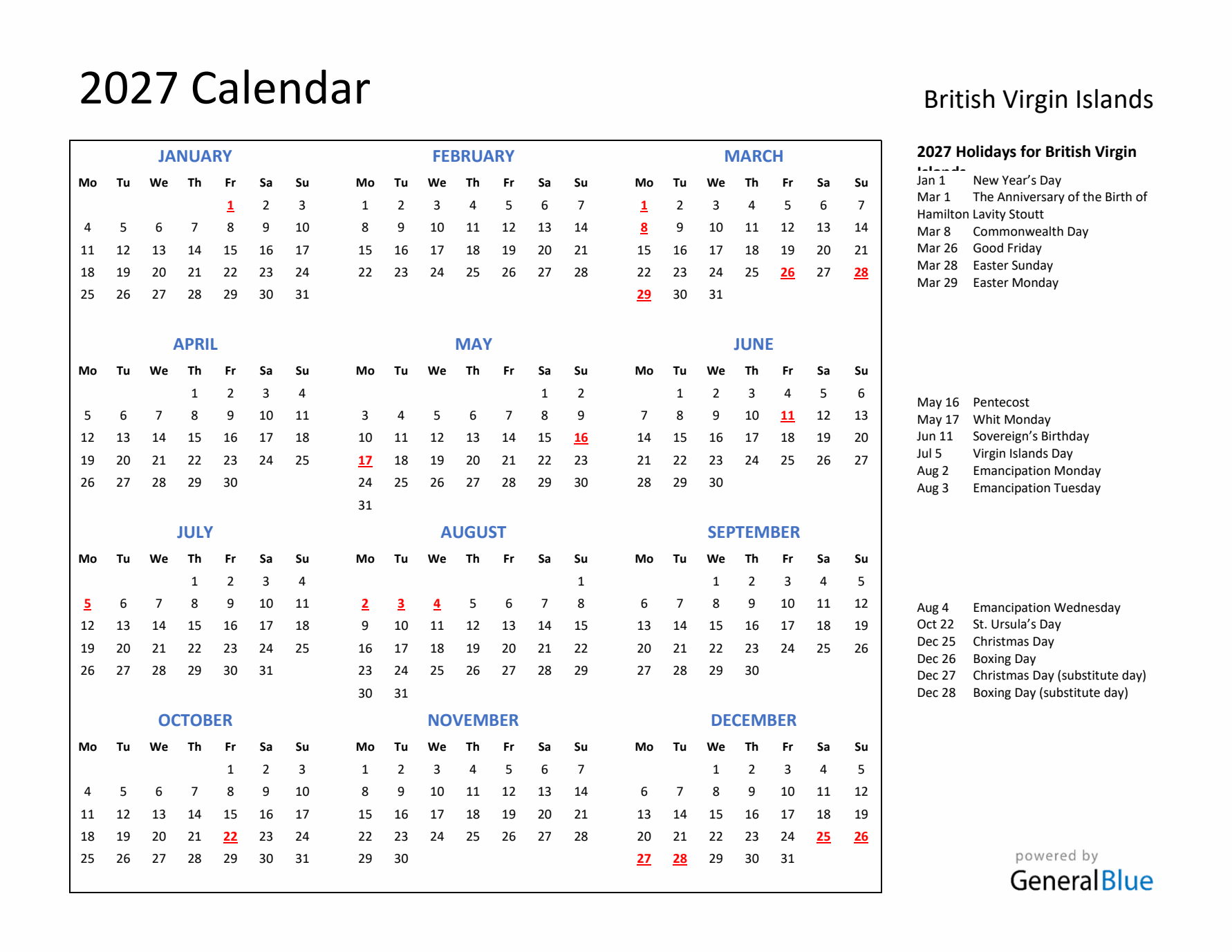 2027 Calendar with Holidays for British Virgin Islands