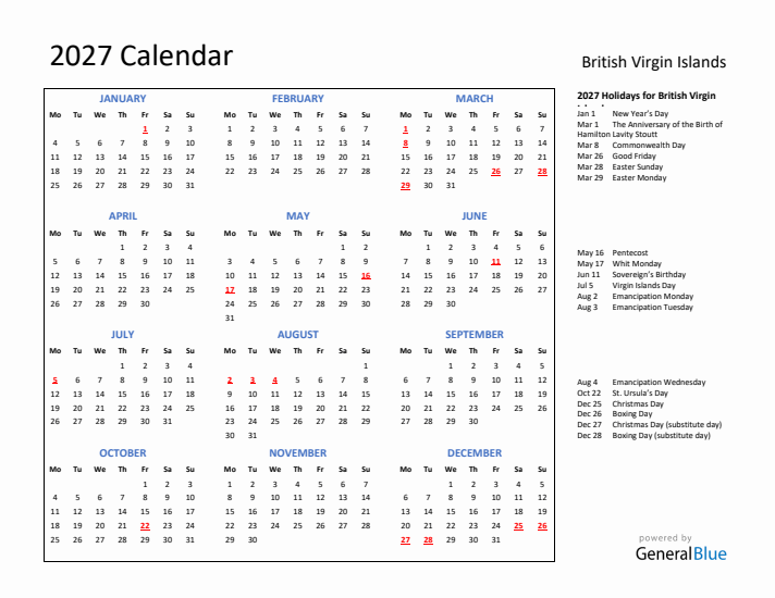2027 Calendar with Holidays for British Virgin Islands