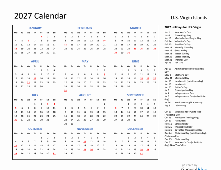 2027 Calendar with Holidays for U.S. Virgin Islands