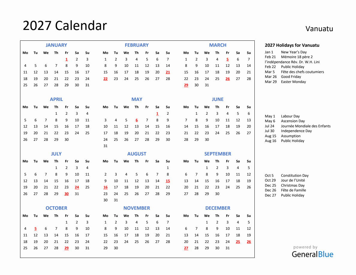 2027 Calendar with Holidays for Vanuatu - Monday Start