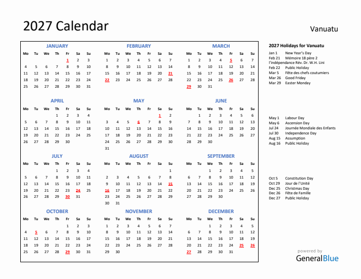 2027 Calendar with Holidays for Vanuatu