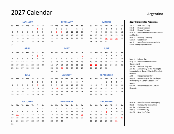 2027 Calendar with Holidays for Argentina