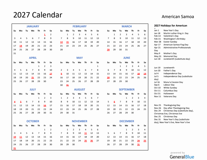 2027 Calendar with Holidays for American Samoa