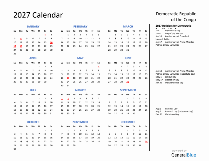 2027 Calendar with Holidays for Democratic Republic of the Congo