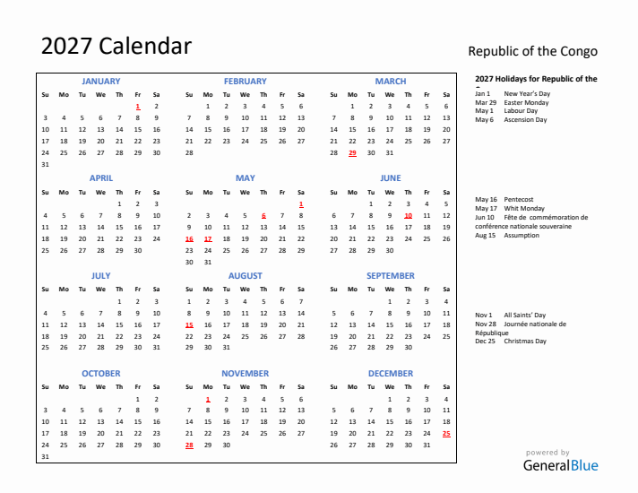 2027 Calendar with Holidays for Republic of the Congo