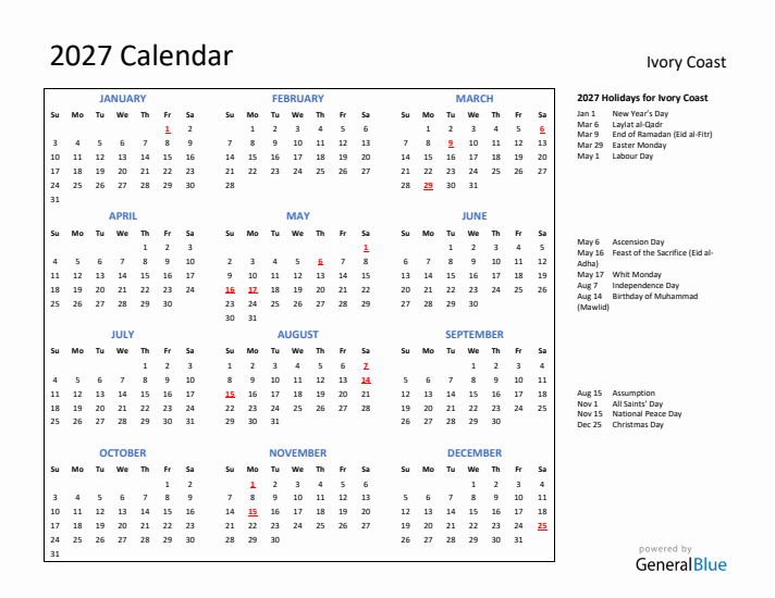2027 Calendar with Holidays for Ivory Coast
