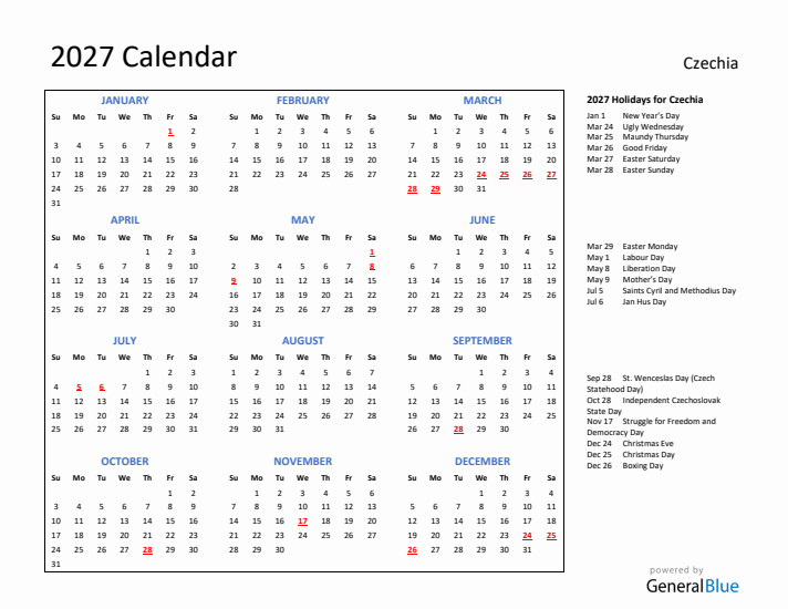 2027 Calendar with Holidays for Czechia