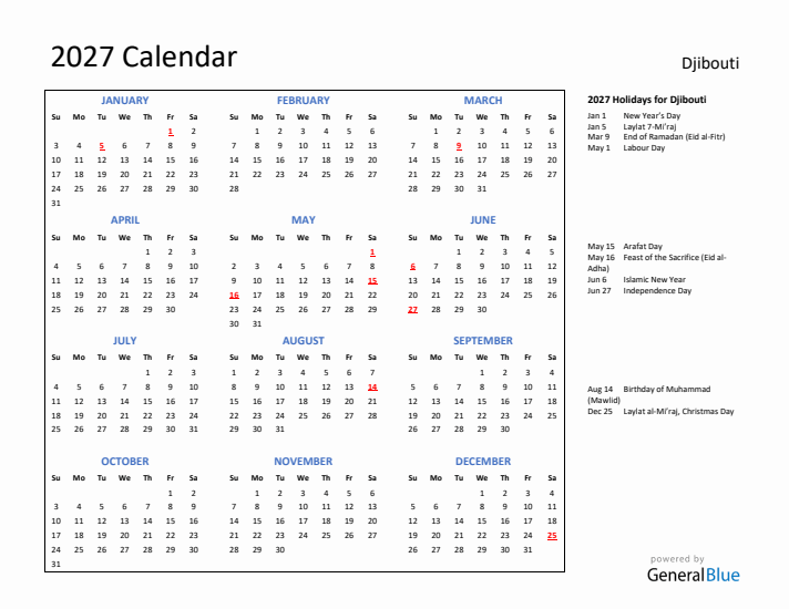 2027 Calendar with Holidays for Djibouti