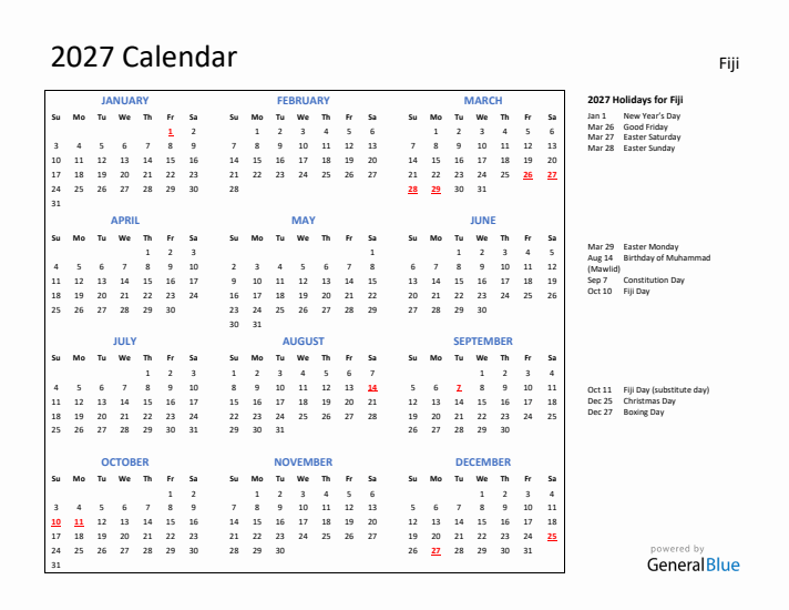 2027 Calendar with Holidays for Fiji