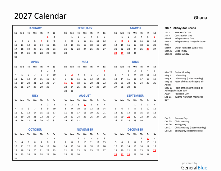 2027 Calendar with Holidays for Ghana