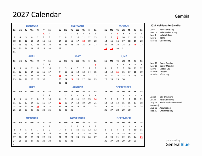 2027 Calendar with Holidays for Gambia