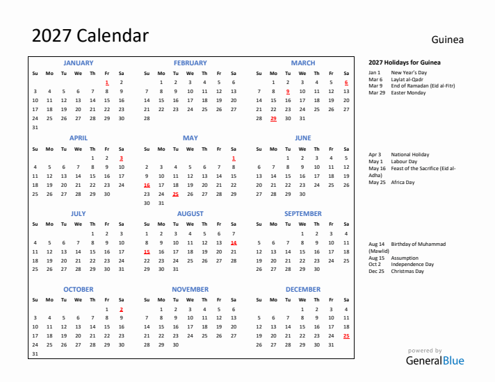 2027 Calendar with Holidays for Guinea