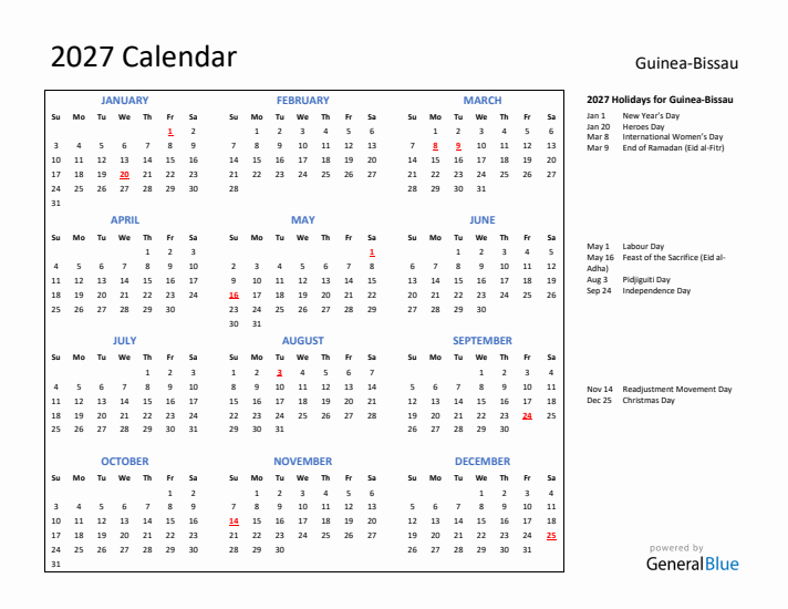 2027 Calendar with Holidays for Guinea-Bissau