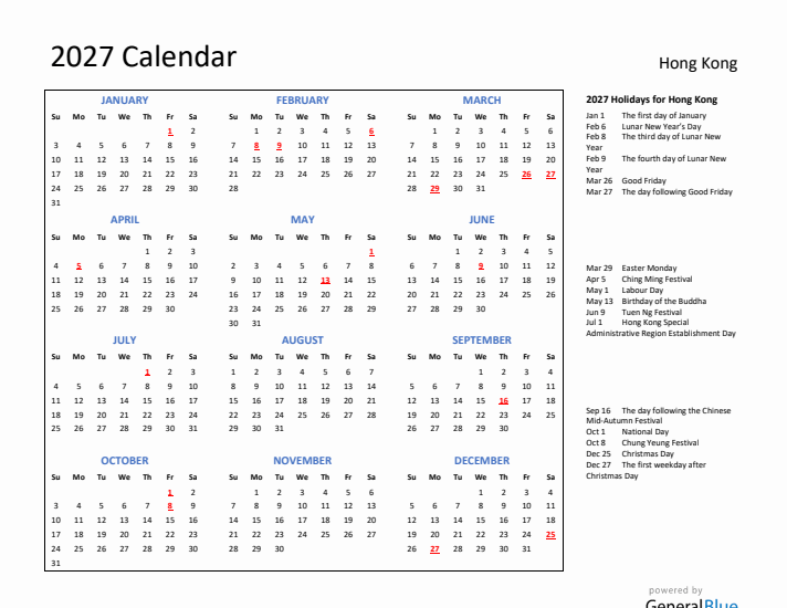 2027 Calendar with Holidays for Hong Kong