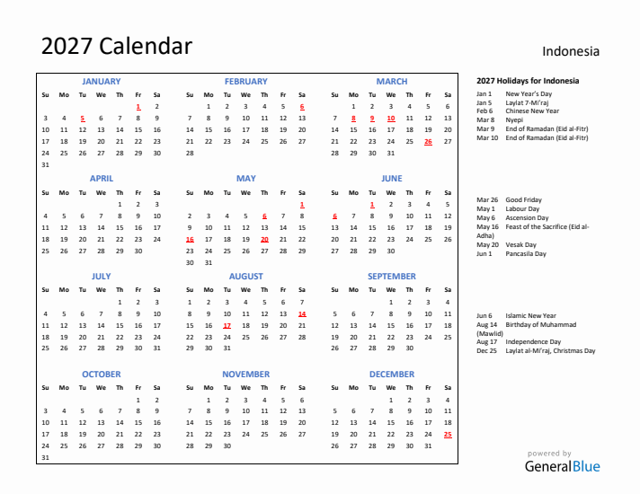 2027 Calendar with Holidays for Indonesia