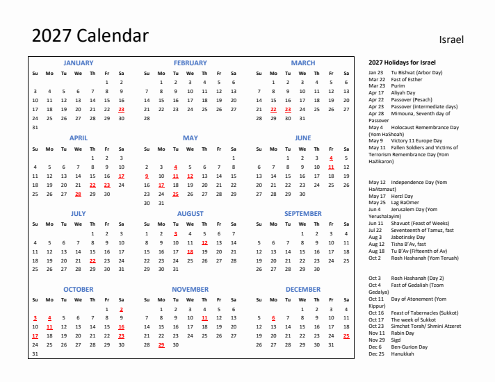 2027 Calendar with Holidays for Israel