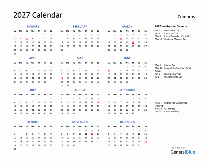 2027 Calendar with Holidays for Comoros