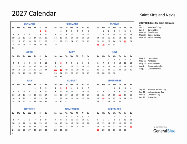 2027 Calendar with Holidays for Saint Kitts and Nevis